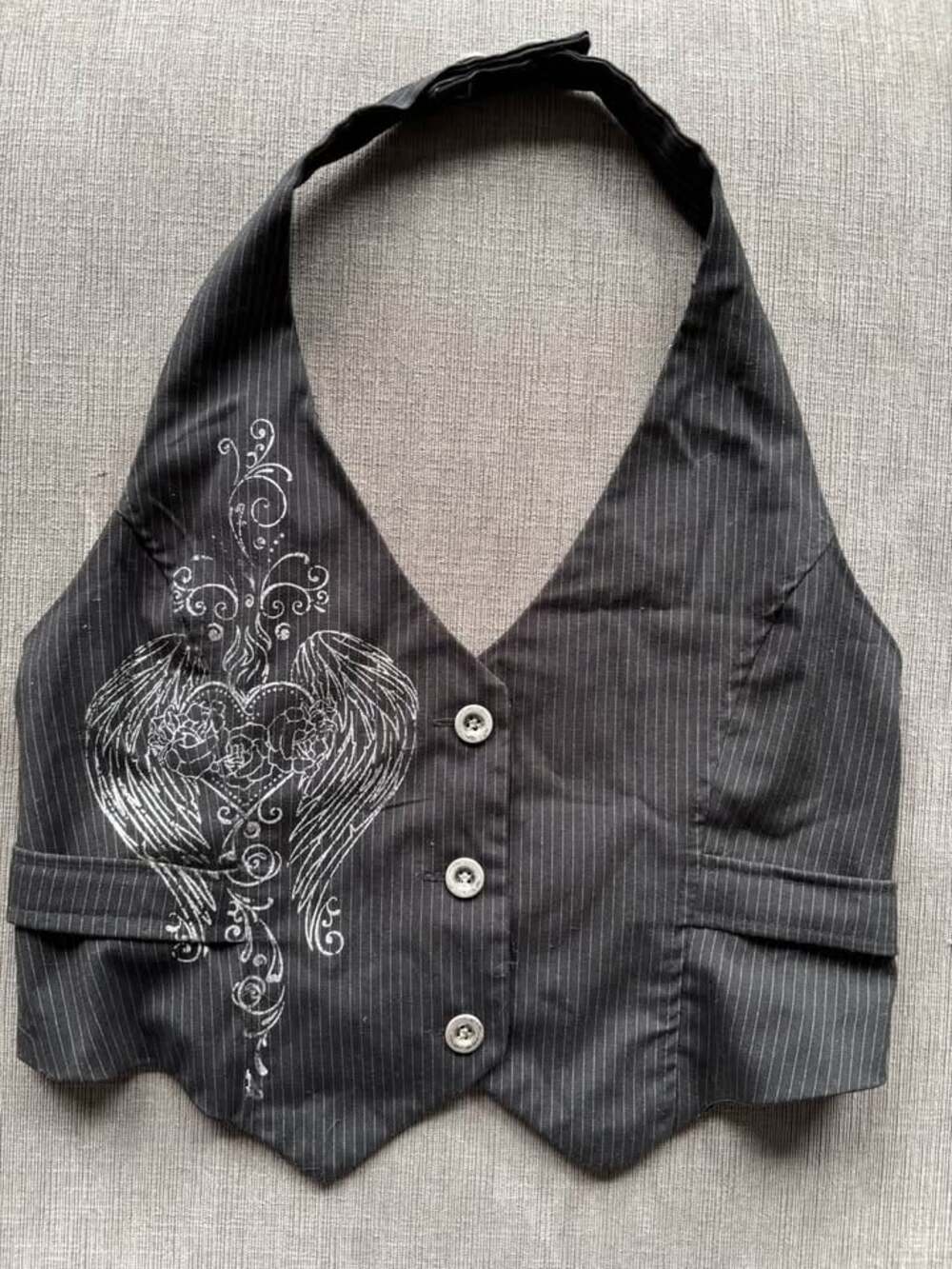 Vintage Y2K Fang Pinstripe Halter Vest - Winged Flaming Heart Graphic - Size Lar